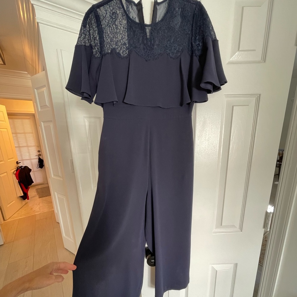 BCBG blue crepe jumpsuit with lace detailing